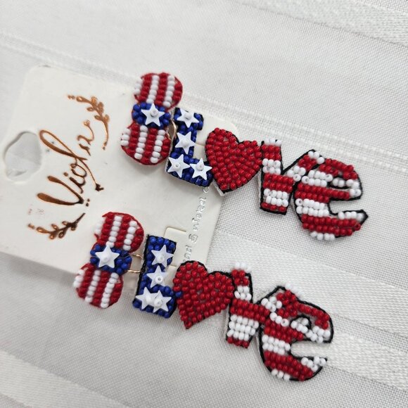 VIOLA Patriotic "Love" Seed Bead Pierced Earrings NWT - Picture 2 of 4